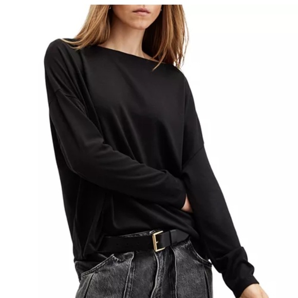 ALLSAINTS Rita Oversized Tee Black Boat Neck Long Sleeve Slouchy Relaxed Tshirt - Picture 7 of 15